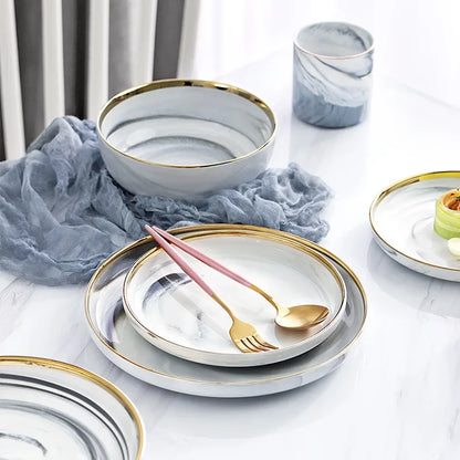 Marble ceramics plates and bowls dinnerware sets