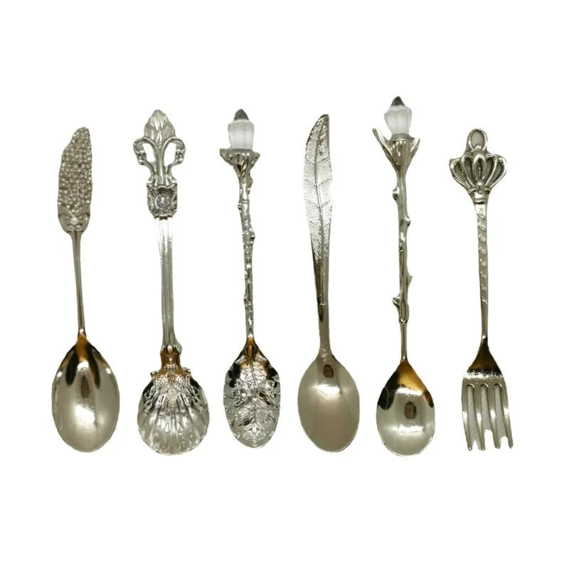 6pcs Vintage Spoons Fork Royal Style Gold Carved Coffee Tea Spoon