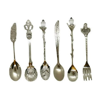 6pcs Vintage Spoons Fork Royal Style Gold Carved Coffee Tea Spoon