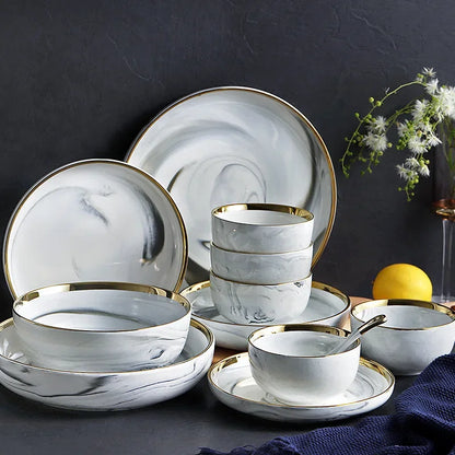 Marble ceramics plates and bowls dinnerware sets