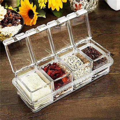 Clear Seasoning Box, Set of 4 Crystal Seasoning Storage Container with Spoon Clear Seasoning Rack Spice Pots for Pepper Spice