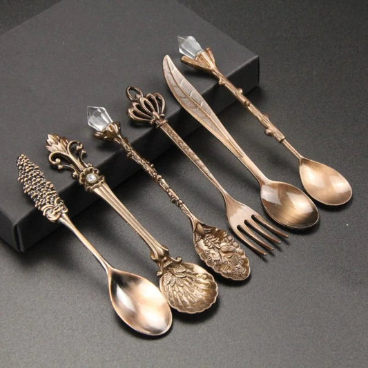 6pcs Vintage Spoons Fork Royal Style Gold Carved Coffee Tea Spoon