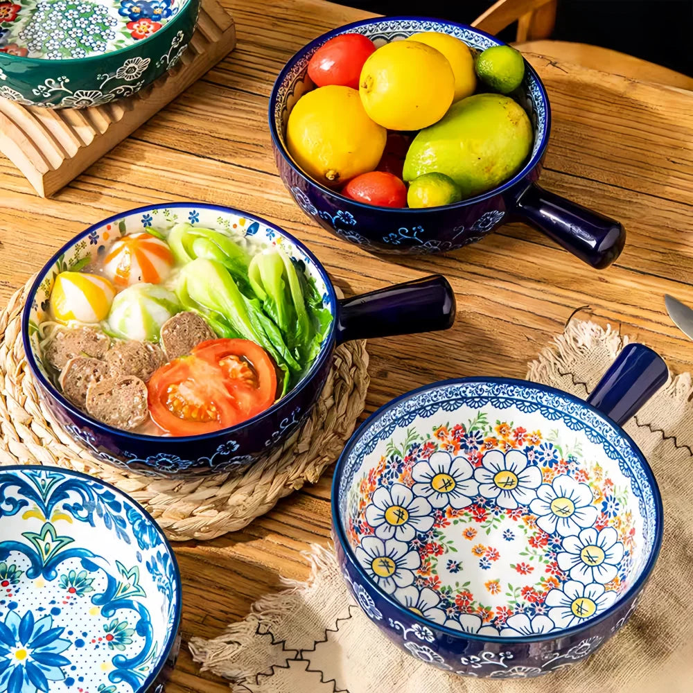 Bohemian Ceramic Hand-Painted Embossed Patterned Salad Bowl