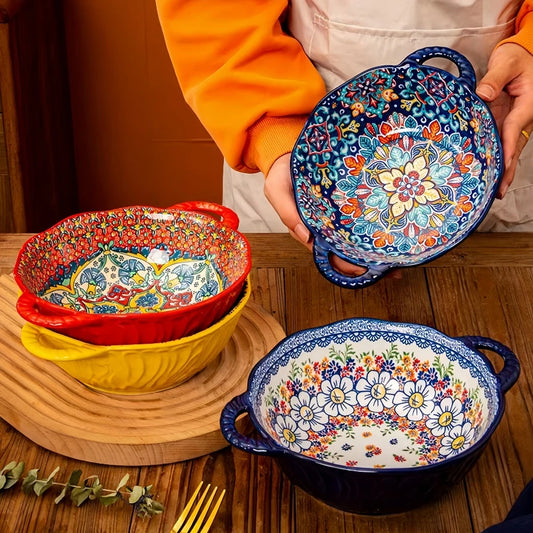 Bohemian Style Ceramic Soup Bowl with Handle Microwave Safe Embossed Design