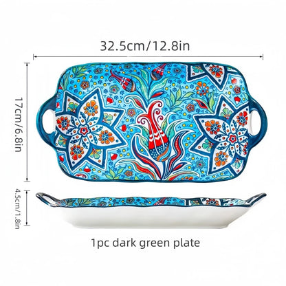 Bohemian style ceramic fish dish with handle: 12.8-inch rectangular dining table tray