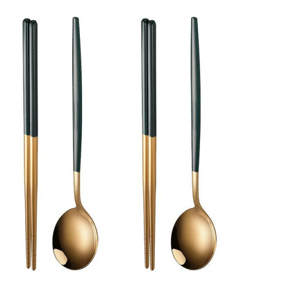 Household Black / Green Gold Cutlery Set - Chopsticks and Spoon