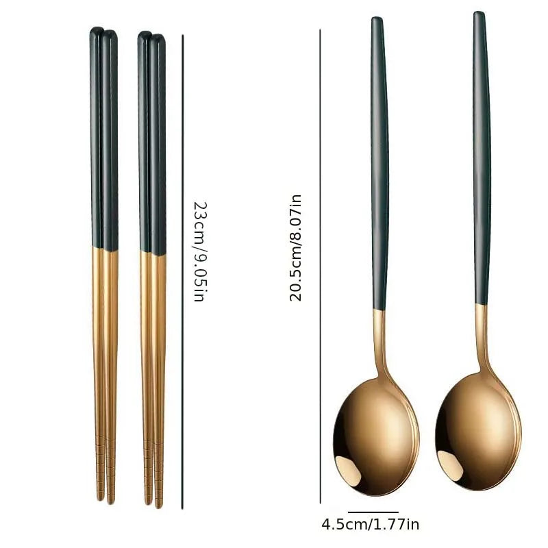 Household Black / Green Gold Cutlery Set - Chopsticks and Spoon