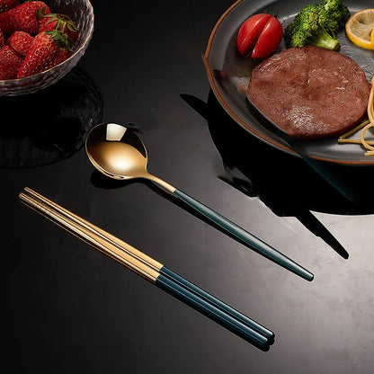 Household Black / Green Gold Cutlery Set - Chopsticks and Spoon