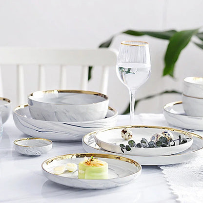 Marble ceramics plates and bowls dinnerware sets