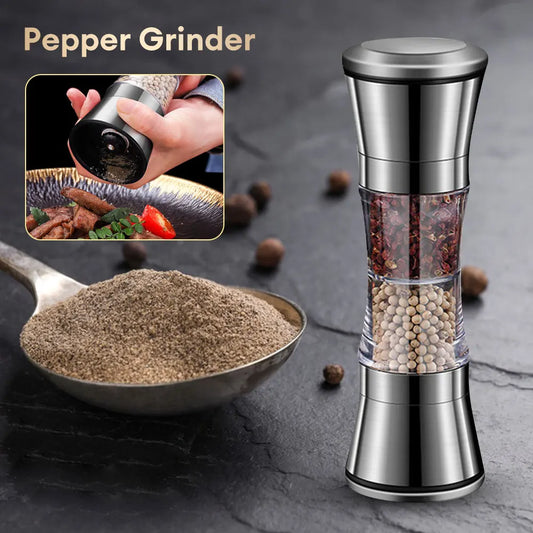 Double Head Salt and Pepper Grinder 2 in 1 Stainless Steel Manual Pepper Mill Machine Spice Grinder Kitchen Cooking Tool for BBQ