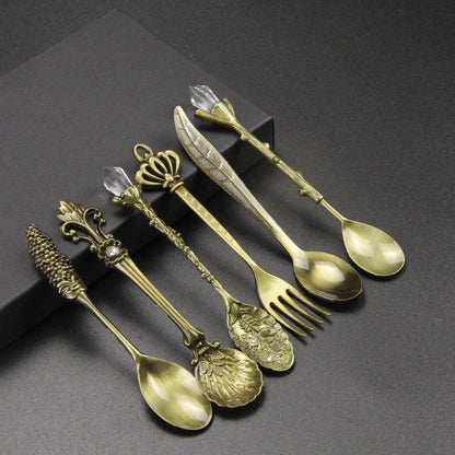 6pcs Vintage Spoons Fork Royal Style Gold Carved Coffee Tea Spoon