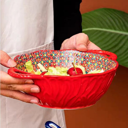 Bohemian Style Ceramic Soup Bowl with Handle Microwave Safe Embossed Design