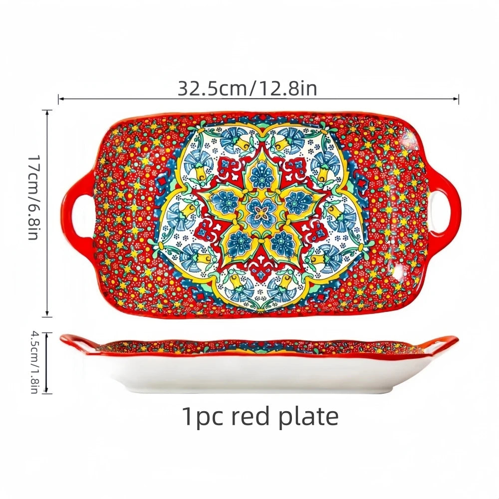 Bohemian style ceramic fish dish with handle: 12.8-inch rectangular dining table tray