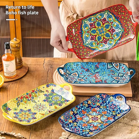 Bohemian style ceramic fish dish with handle: 12.8-inch rectangular dining table tray