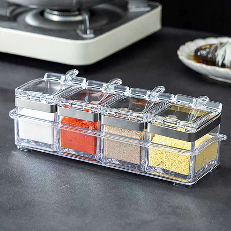 Clear Seasoning Box, Set of 4 Crystal Seasoning Storage Container with Spoon Clear Seasoning Rack Spice Pots for Pepper Spice