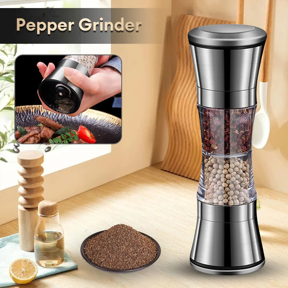 Double Head Salt and Pepper Grinder 2 in 1 Stainless Steel Manual Pepper Mill Machine Spice Grinder Kitchen Cooking Tool for BBQ