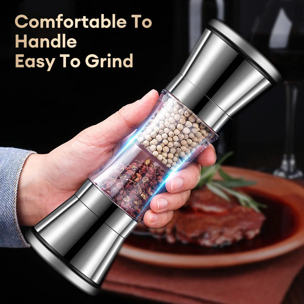 Double Head Salt and Pepper Grinder 2 in 1 Stainless Steel Manual Pepper Mill Machine Spice Grinder Kitchen Cooking Tool for BBQ