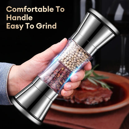 Double Head Salt and Pepper Grinder 2 in 1 Stainless Steel Manual Pepper Mill Machine Spice Grinder Kitchen Cooking Tool for BBQ