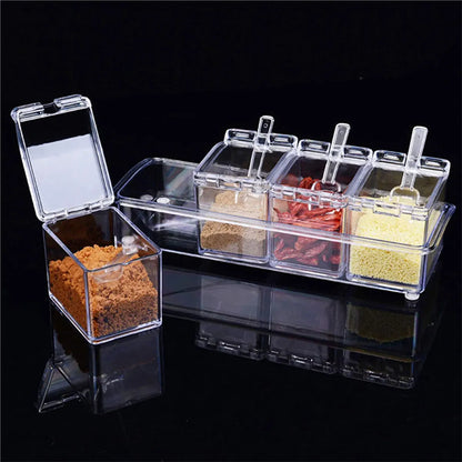 Clear Seasoning Box, Set of 4 Crystal Seasoning Storage Container with Spoon Clear Seasoning Rack Spice Pots for Pepper Spice