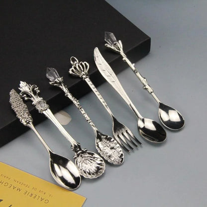 6pcs Vintage Spoons Fork Royal Style Gold Carved Coffee Tea Spoon