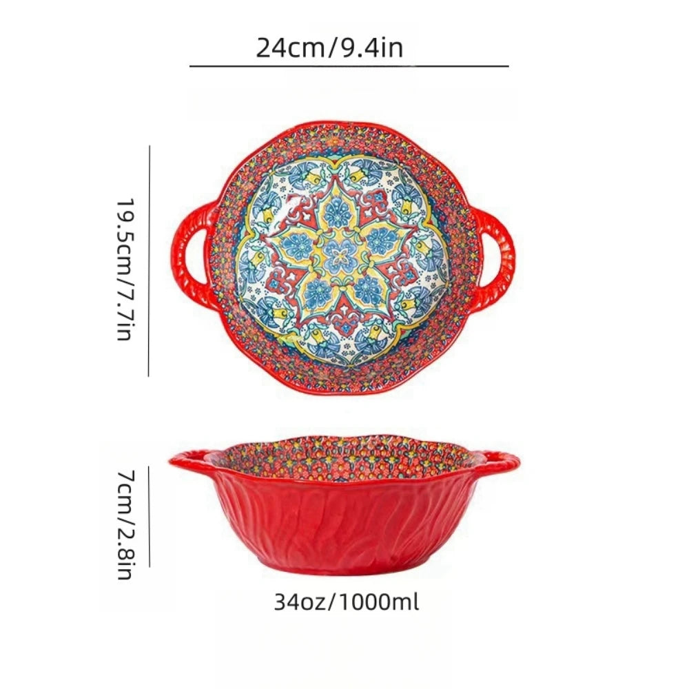 Bohemian Style Ceramic Soup Bowl with Handle Microwave Safe Embossed Design