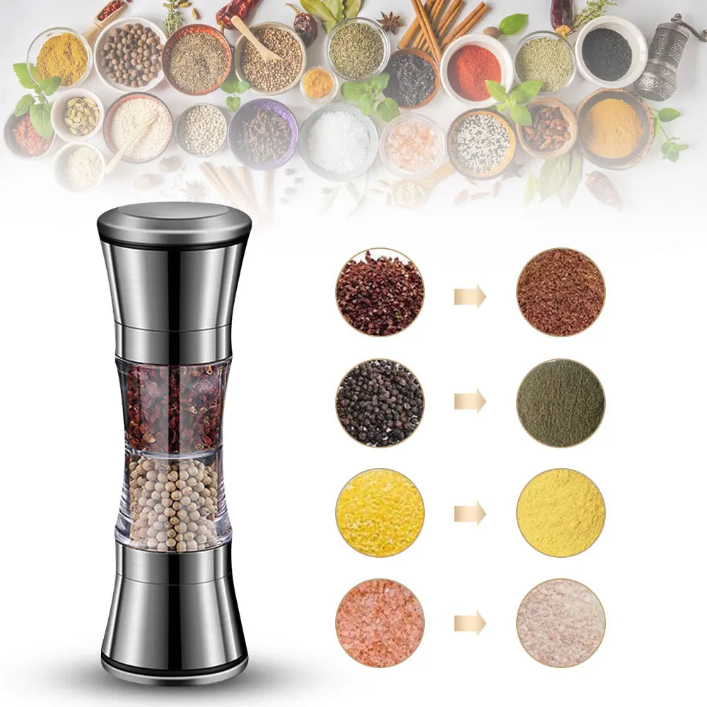 Double Head Salt and Pepper Grinder 2 in 1 Stainless Steel Manual Pepper Mill Machine Spice Grinder Kitchen Cooking Tool for BBQ