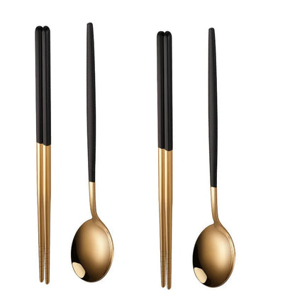 Household Black / Green Gold Cutlery Set - Chopsticks and Spoon