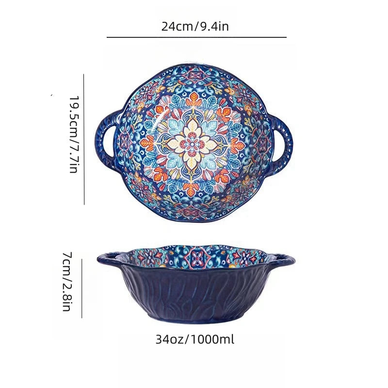 Bohemian Style Ceramic Soup Bowl with Handle Microwave Safe Embossed Design