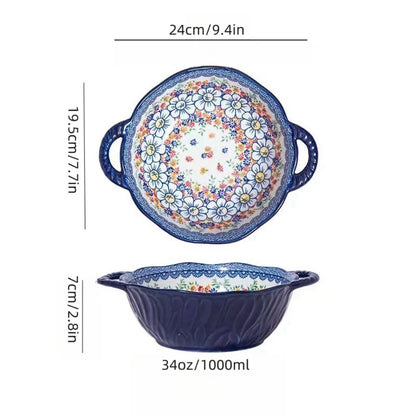 Bohemian Style Ceramic Soup Bowl with Handle Microwave Safe Embossed Design