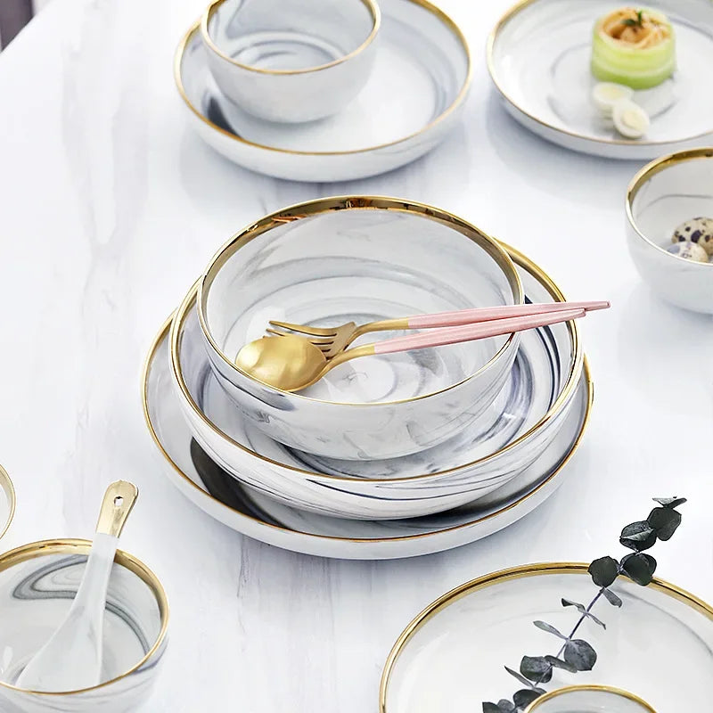 Marble ceramics plates and bowls dinnerware sets