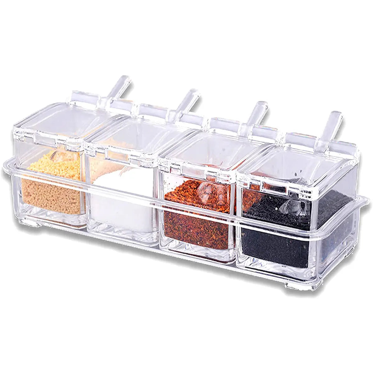 Clear Seasoning Box, Set of 4 Crystal Seasoning Storage Container with Spoon Clear Seasoning Rack Spice Pots for Pepper Spice