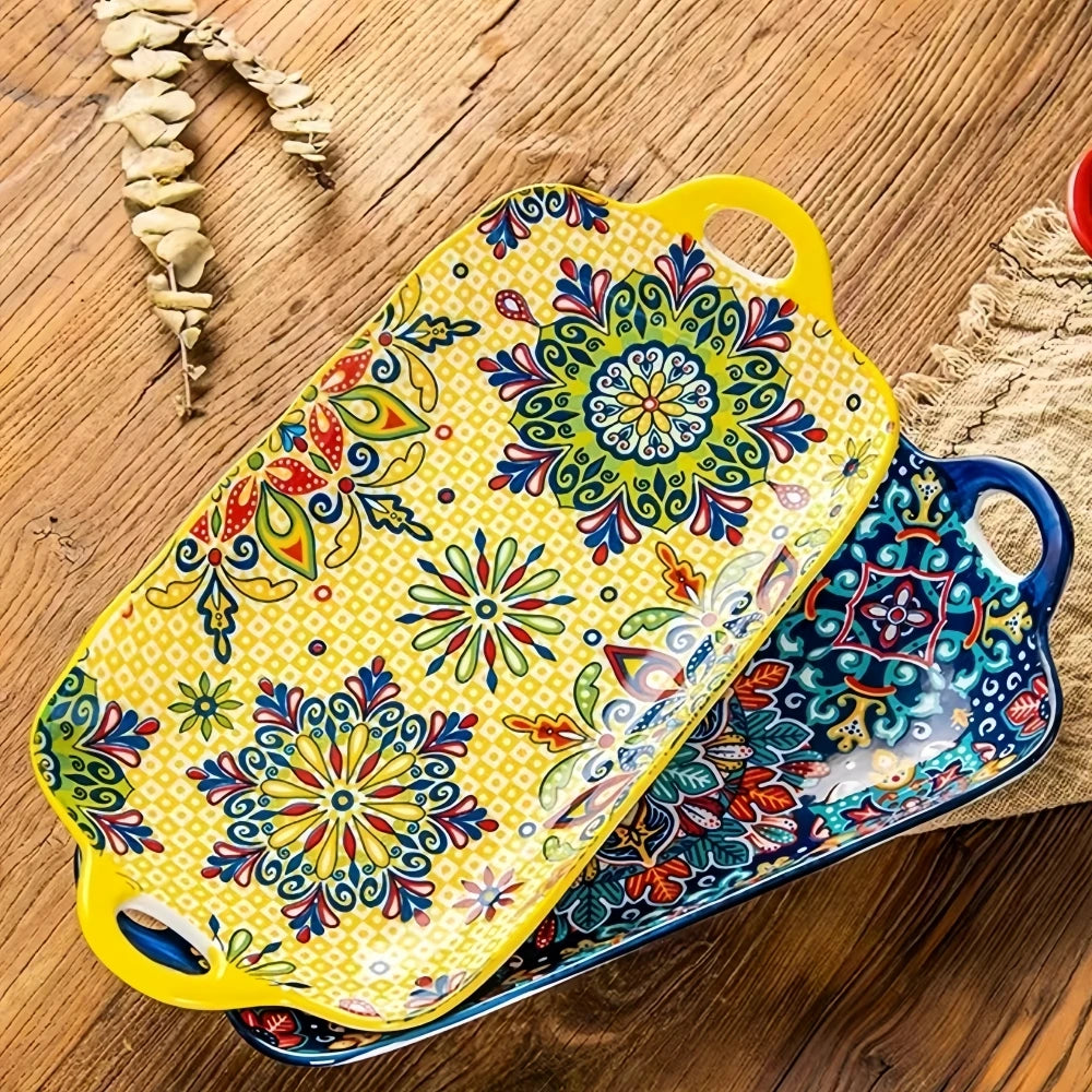 Bohemian style ceramic fish dish with handle: 12.8-inch rectangular dining table tray