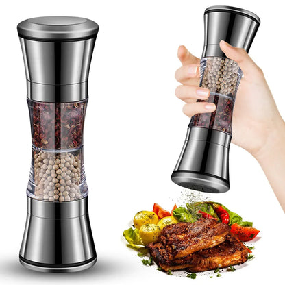 Double Head Salt and Pepper Grinder 2 in 1 Stainless Steel Manual Pepper Mill Machine Spice Grinder Kitchen Cooking Tool for BBQ